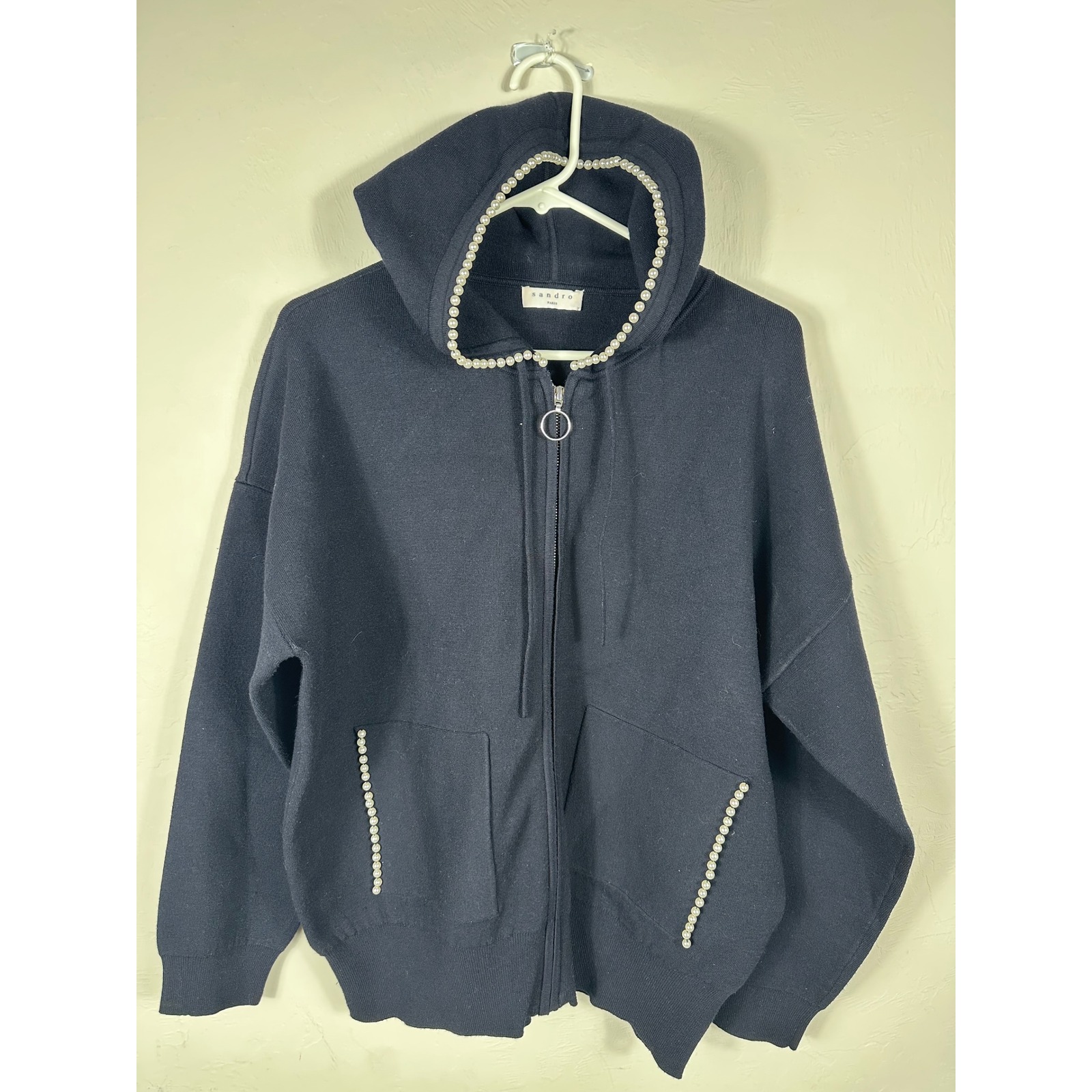 Sandro Paris Women's Hoodie Jacket Pearl Trim Knit Black